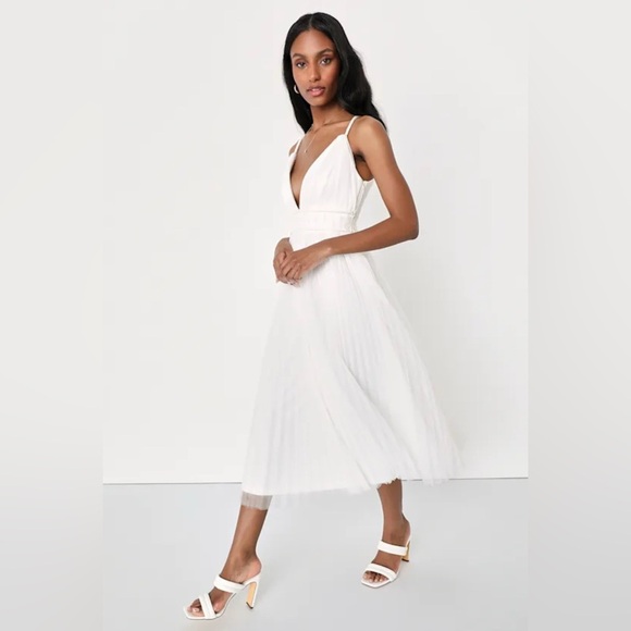Lulus, small, Sweet Goddess White Mesh Pleated Sleeveless Midi Dress - Picture 1 of 7